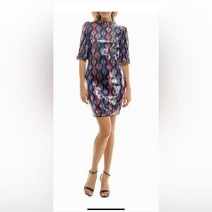 Nicole miller a line print sequin dress size small